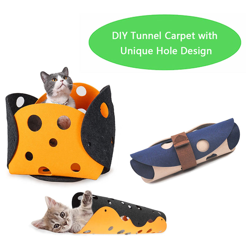 Collapsible Felt Cat Tunnel with Pom Poms and Kitten Nest