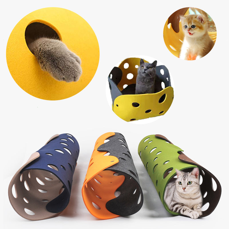 Collapsible Felt Cat Tunnel with Pom Poms and Kitten Nest