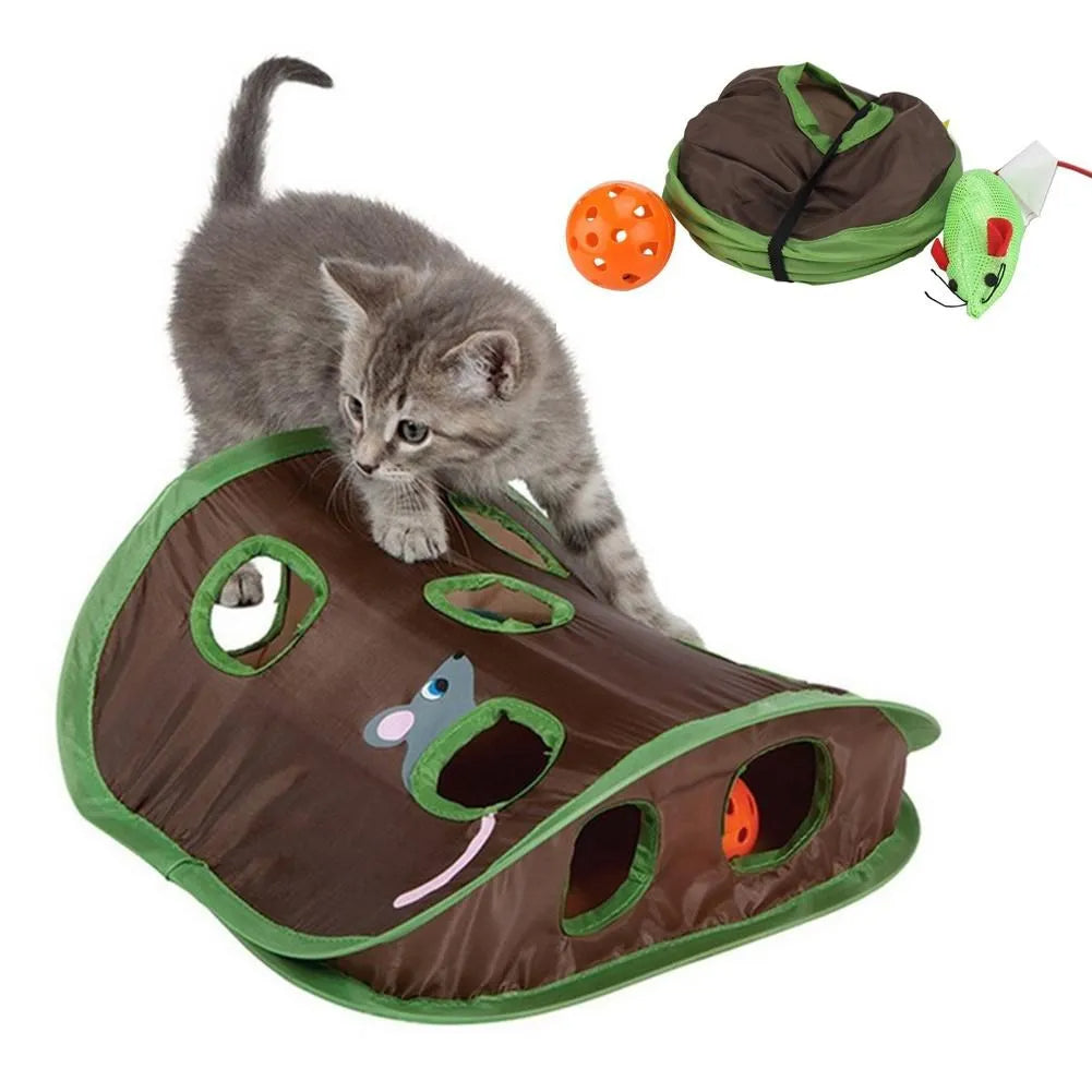 9 Hole Hide and Seek Interactive Cat Toy, Foldable Tunnel Game