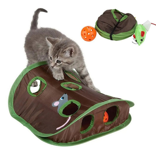 9 Hole Hide and Seek Interactive Cat Toy, Foldable Tunnel Game
