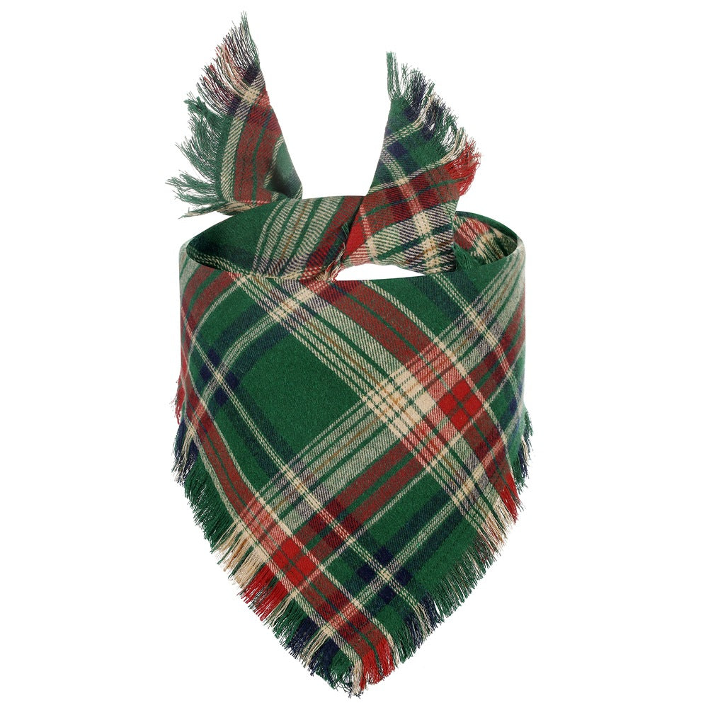 Plaid Dog Bandana with Tassel Edges, Fall Triangle Pet Scarf