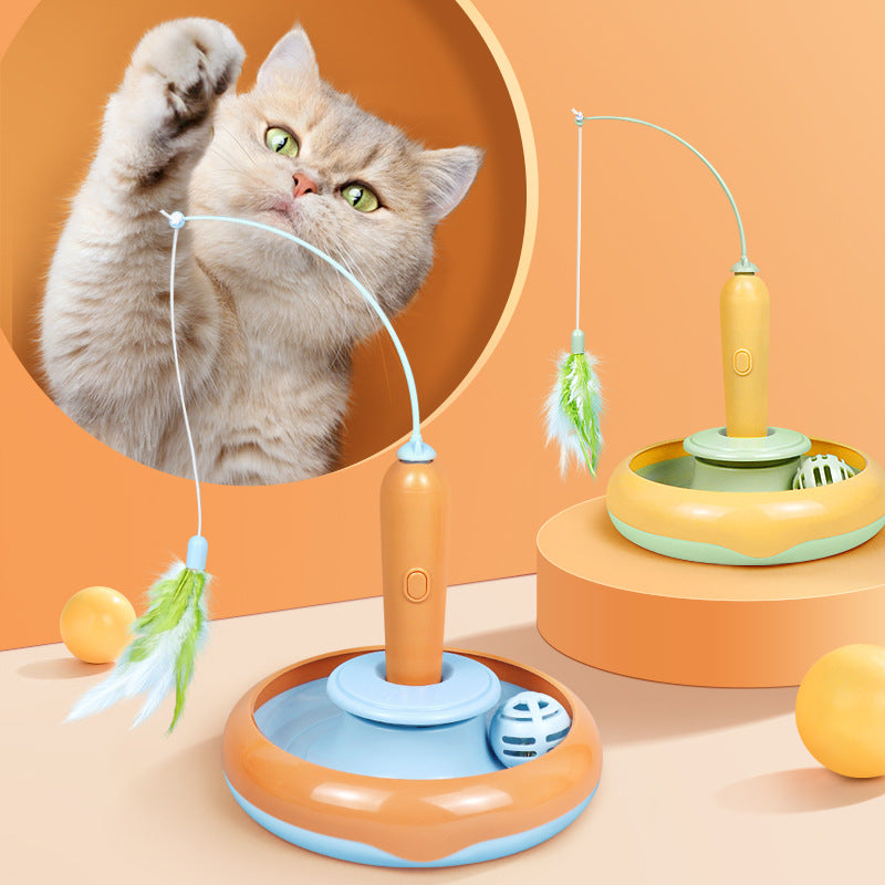 2 in 1 Interactive Cat Toy with Feather and Spinning Turntable