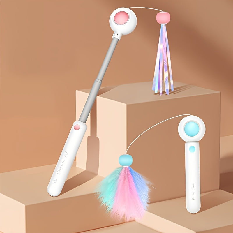 Retractable Cat Teaser Wand with Replacement Feather Head