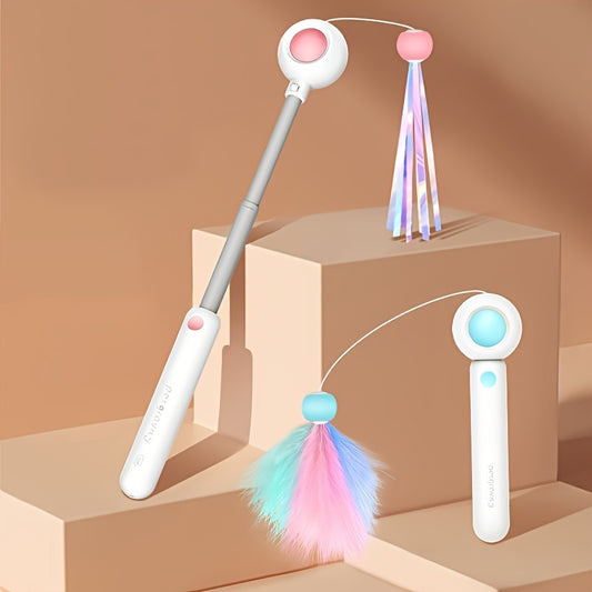 Retractable Cat Teaser Wand with Replacement Feather Head