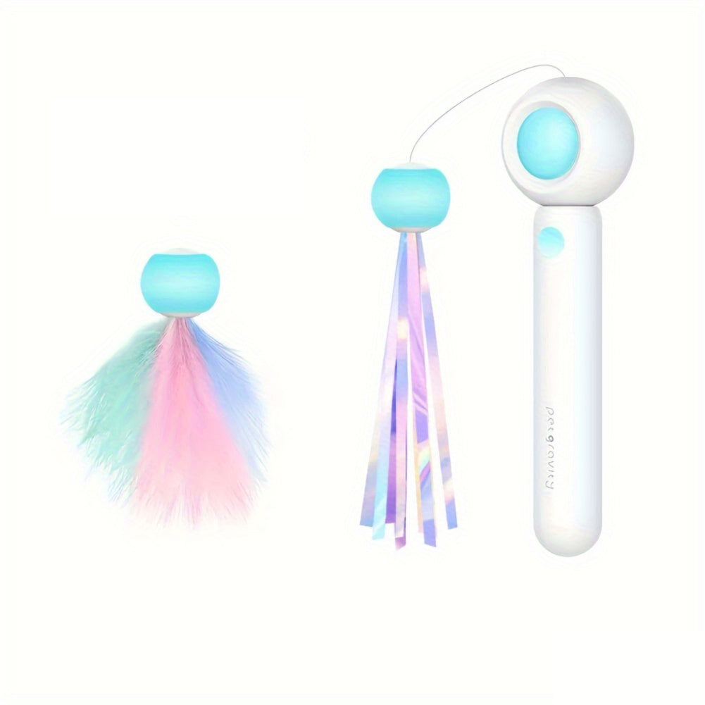Retractable Cat Teaser Wand with Replacement Feather Head
