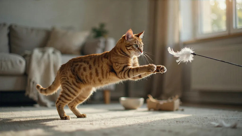 Furrago hero - ginger tabby cat mid-pounce at a feather wand toy
